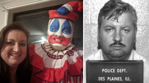 True crime author Amanda Howard standing next to a life-size mannequin of serial killer John Wayne Gacy; Gacy, pictured in a mugshot (right) frequently performed in clown attire and makeup at children's parties. When he killed, he sometimes dressed as his alter egos "Pogo the Clown" or "Patches the Clown."