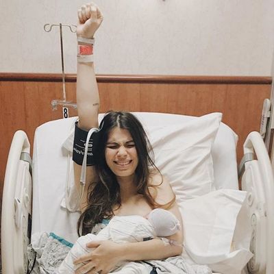 "Praising our GOD in tears because just like that, our family is complete! Went into labor late at night on her due date, and after ONE push she greeted us with the sweetest cry and the most loving eyes. Welcome to the world, Hazel Marcela."