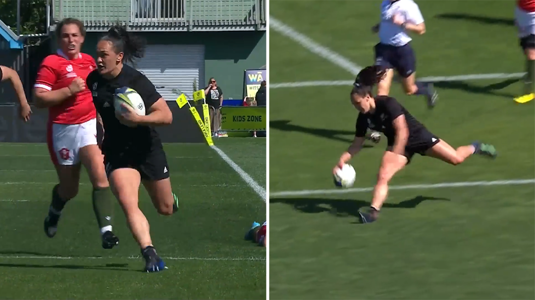 Portia Woodman tramples over flailing winger in eerie similarity to famous Jonah Lomu try