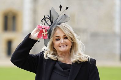 Gaynor Sullivan, (Bonnie Tyler), with her MBE after being made a Member of the Order of the British Empire by the Prince of Wales during an investiture ceremony at Windsor Castle on February 1, 2023 in Windsor, England.