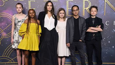 Angelina Jolie, third from left, and her children Shiloh, Zahara, Vivenne, Maddox and Knox at the London premiere of 'The Eternals' in 2021.	**This image is for use with this specific article only** 