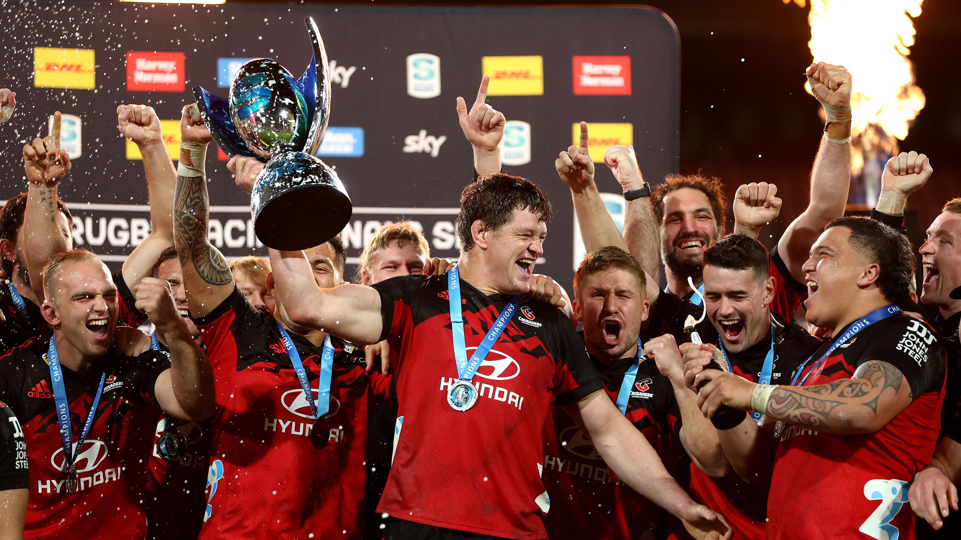 The Crusaders celebrate at FMG Stadium Waikato.