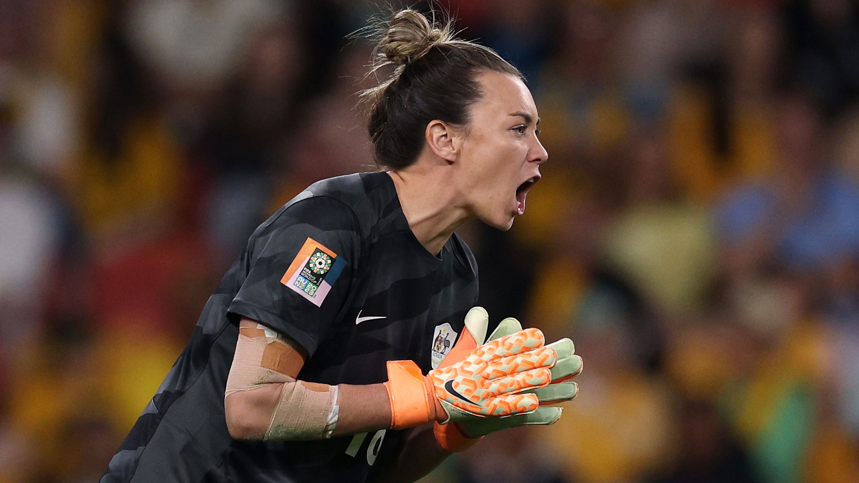 Mackenzie Arnold of Australia encourages her teammates during the FIFA Women&#x27;s World Cup Australia &amp; New Zealand 2023 Quarter Final match between Australia and France at Brisbane Stadium on August 12, 2023 in Brisbane / Meaanjin, Australia. (Photo by Elsa - FIFA/FIFA via Getty Images)