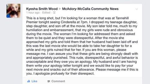 The apology posted by Kyesha Wood over the weekend.