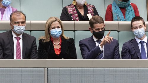 Queensland Premier Annastacia Palaszczuk and Queensland Treasurer Cameron Dick welcomed by the Speaker during Question Time at Parliament House in Canberra on Wednesday 27 July 2022. fedpol Photo: Alex Ellinghausen