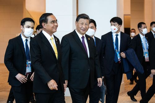 Prime Minister Prayut Chan-o-cha of Thailand and President Xi Jinping of China enter the APEC Economic Leaders Retreat on Balanced, Inclusive and Sustainable Growth in the Queen Sirikit National Convention Center on November 18, 2022 in Bangkok, Thailand.