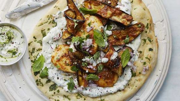 Anjum Anand's grilled halloumi and eggplant wraps with herbed yoghurt