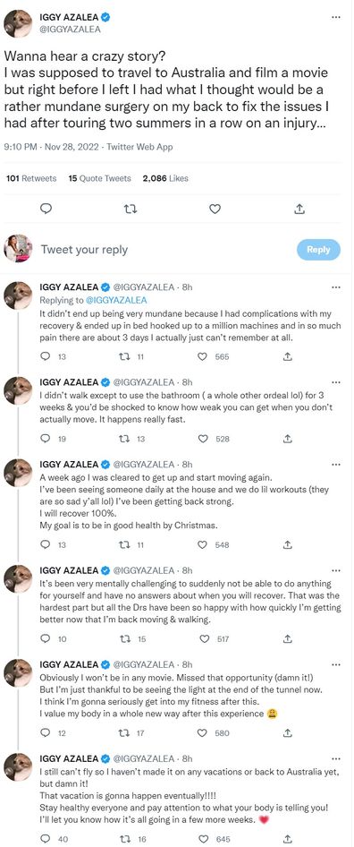 Iggy Azalea reflects on the road to recover following back surgery.