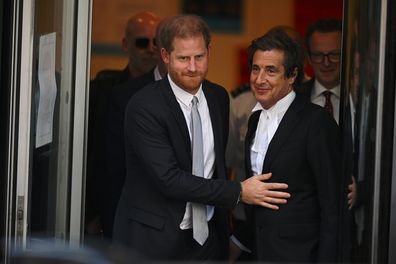 Prince Harry, Duke of Sussex  and barrister David Sherborne leave after giving evidence at the Mirror Group Phone hacking trial at the Rolls Building at High Court on June 7, 2023 in London, England. 