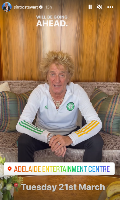 Rod Stewart issues health update after being forced to cancel Victoria show due to contracting strep throat.