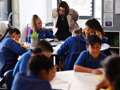 New South Wales Minister for Education Sarah Mitchell with school kids in Sydney.