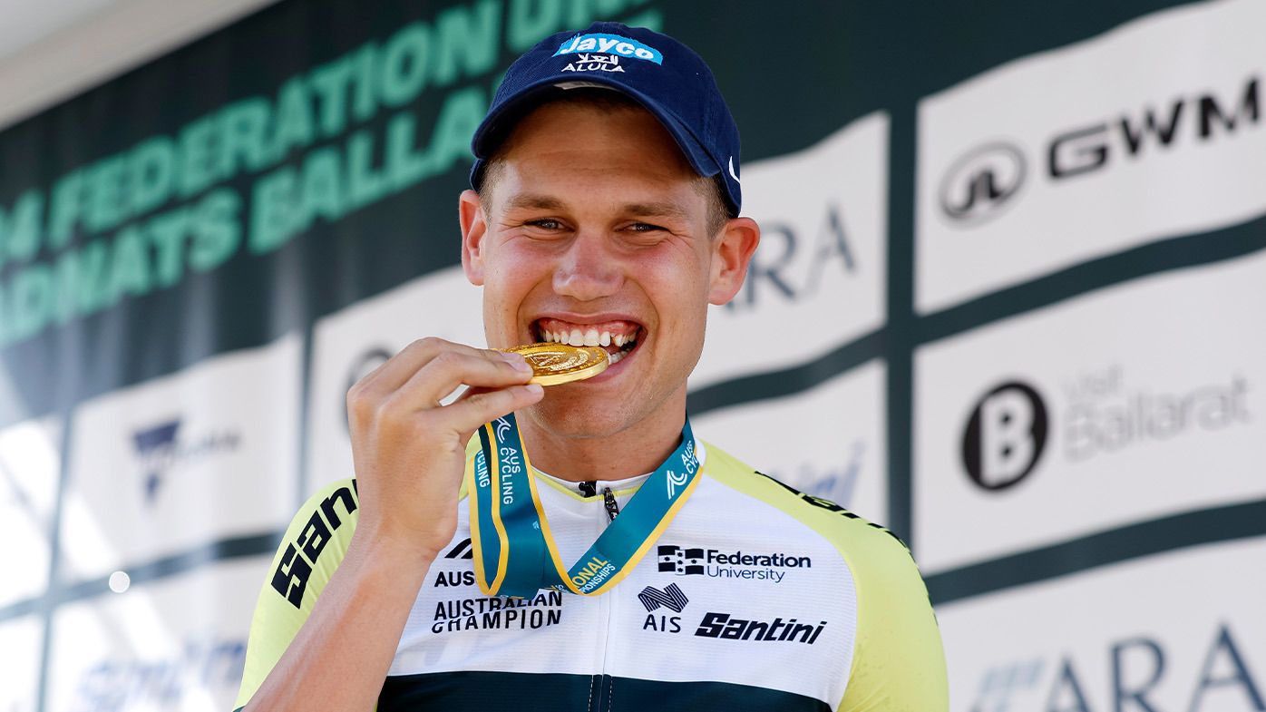 Olympian Luke Plapp celebrates his national time trial victory in Ballarat.