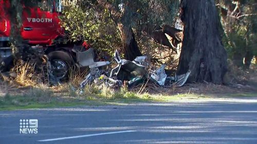 The wreckage of a car following the fatal crash at Strathmerton.