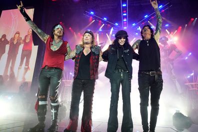 Nikki Sixx, Vince Neil, Mick Mars and Tommy Lee of Mötley Crüe perform onstage during The Stadium Tour at Nationals Park on June 22, 2022 in Washington, DC.