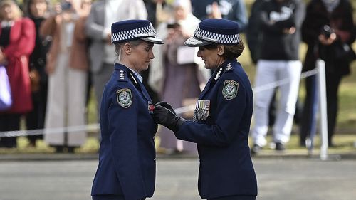 Inspector Amy Scott receives the Commissioners Valour Award during a ceremony at the NSW Police Academy in Goulburn