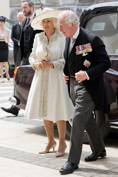 Camilla, Duchess of Cornwall and Prince Charles, Prince of Wales, arrive at the reception of the Lord Mayor for the National Gratitude Service at Guildhall on 3 June 2022 in London, England. 