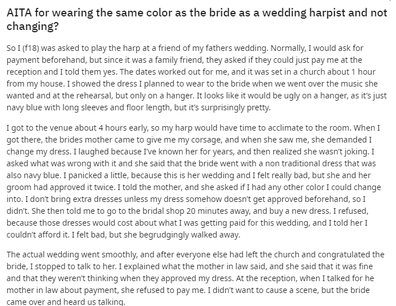 Harp player same colour dress as bride Reddit