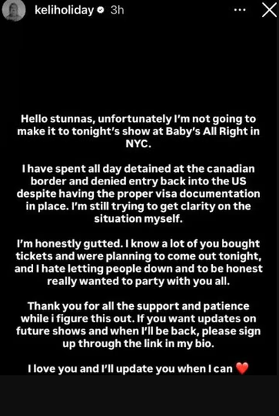 Adam Hyde Keli Holiday forced to cancel New York show 