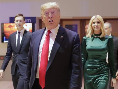 U.S. President Donald Trump, Ivanka Trump and Jared Kushner, left, leave after attemding session at the World Economic Forum in Davos, Switzerland, Tuesday, Jan. 21, 2020.