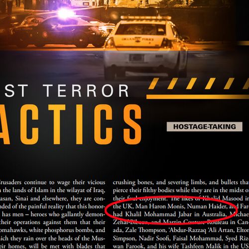 Man Haron Monis, Numan Haider, and Farhad Jabar are all mentioned in the opening paragraphs of 'Just Terror Tactics' feature. Source: Clarion Project