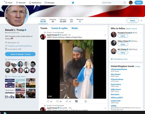 Donald Trump caused an international uproar when he retweeted three tweets by far-right group Britain First, which depicted unverified footage of Muslim violence.
 (AAP/Twitter)