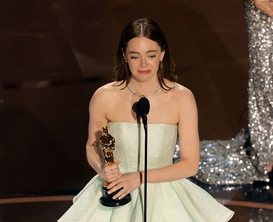 HOLLYWOOD, CALIFORNIA - MARCH 10: Emma Stone accepts the Lead Actress award for "Poor Things" onstage during the 96th Annual Academy Awards at Dolby Theatre on March 10, 2024 in Hollywood, California. (Photo by Kevin Winter/Getty Images)