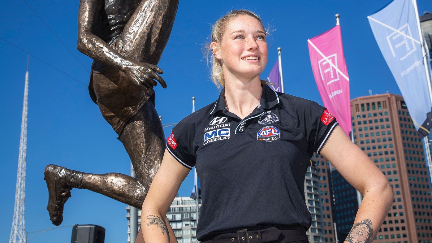 Tayla Harris attends her sculpture unveiling at Federation Square