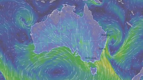 A low pressure system is swirling off the NSW coast, while a slow-moving high pressure system is in the Bight.