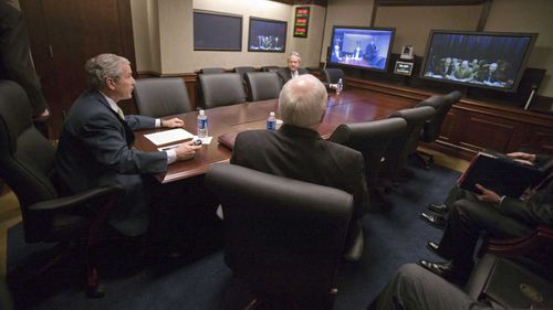 President George W Bush holds a teleconference in the Situation Room. 