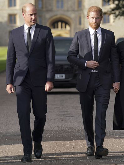 Prince William, Prince of Wales, left and Prince Harry walk to meet members of the public at Windsor Castle, following the death of Queen Elizabeth II on Thursday, in Windsor, England, Saturday, Sept. 10, 2022.