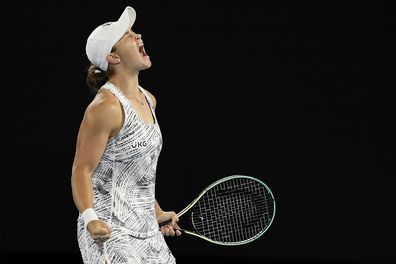 Ash Barty of Australia celebrates after defeating Danielle Collins of the U.S., in the women's singles final at the Australian Open tennis championships in Saturday, Jan. 29, 2022, in Melbourne, Australia.