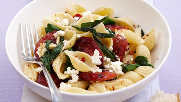 Pasta with chorizo, spinach and ricotta