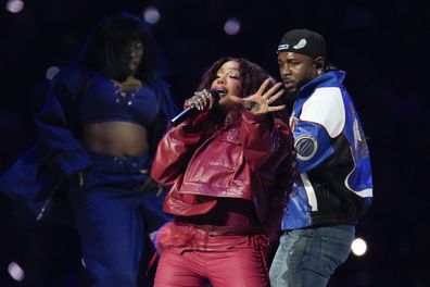 SZA and Kendrick Lamar peform during halftime of the NFL Super Bowl 59 football game between the Kansas City Chiefs and the Philadelphia Eagles, Sunday, Feb. 9, 2025, in New Orleans