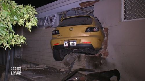 A﻿ father has narrowly escaped death after a car lost control and slammed into his bedroom wall in Aveley, Perth last night.