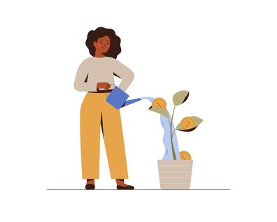 Girl is watering a money tree. Black businesswoman grows plant with coins. Green economy and funding concept. Revenue and income Vector illustration