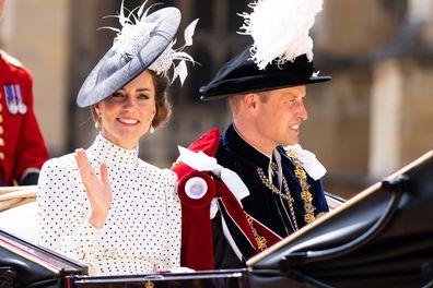 Catherine, Princess of Wales and Prince William, Prince of Wales depart the Order Of The Garter Service at Windsor Castle on June 19, 2023.