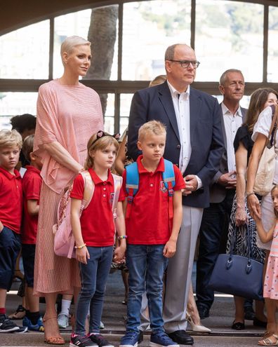 Princess Charlene and Prince Albert II of Monaco with their twins Prince Jacques and Princess Gabriella on their first day of the new school year, September 5 2022.