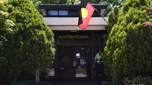 An aboriginal flag hanging outside the restaurant in Canberra's Parliamentary Triangle.