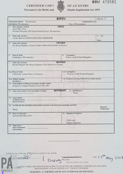 Archie's birth certificate was released by Buckingham Palace.