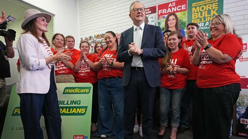 Australian Prime Minister Anthony Albanese alongside Labor's Candidate for Dickson, Ali France (L) visit a campaign office in the suburb of Strathpine on May 02, 2025 in Brisbane, Australia.