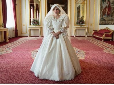 Princess Diana in her wedding dress in The Crown.