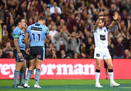 From there, the game got more intense and NSW' James Maloney was Sin Binned early in the second half. Picture: AAP.
