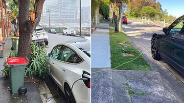 Cars in Sydney charged with power cords draped from homes to the street.