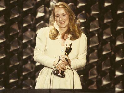 Meryl Streep with the Best Supporting Actor Academy Award she won on April 14, 1980 for her role in Kramer vs Kramer.