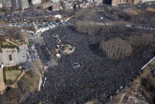 Fans gather in front of the Philadelphia Museum of Art as the Philadelphia Eagles football Super Bowl victory parade proceeds along the Benjamin Franklin Parkway (AAP).
