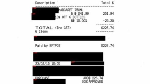 A section of the censored receipts showing Mr Abbott's declared alcohol purcases while prime minister.