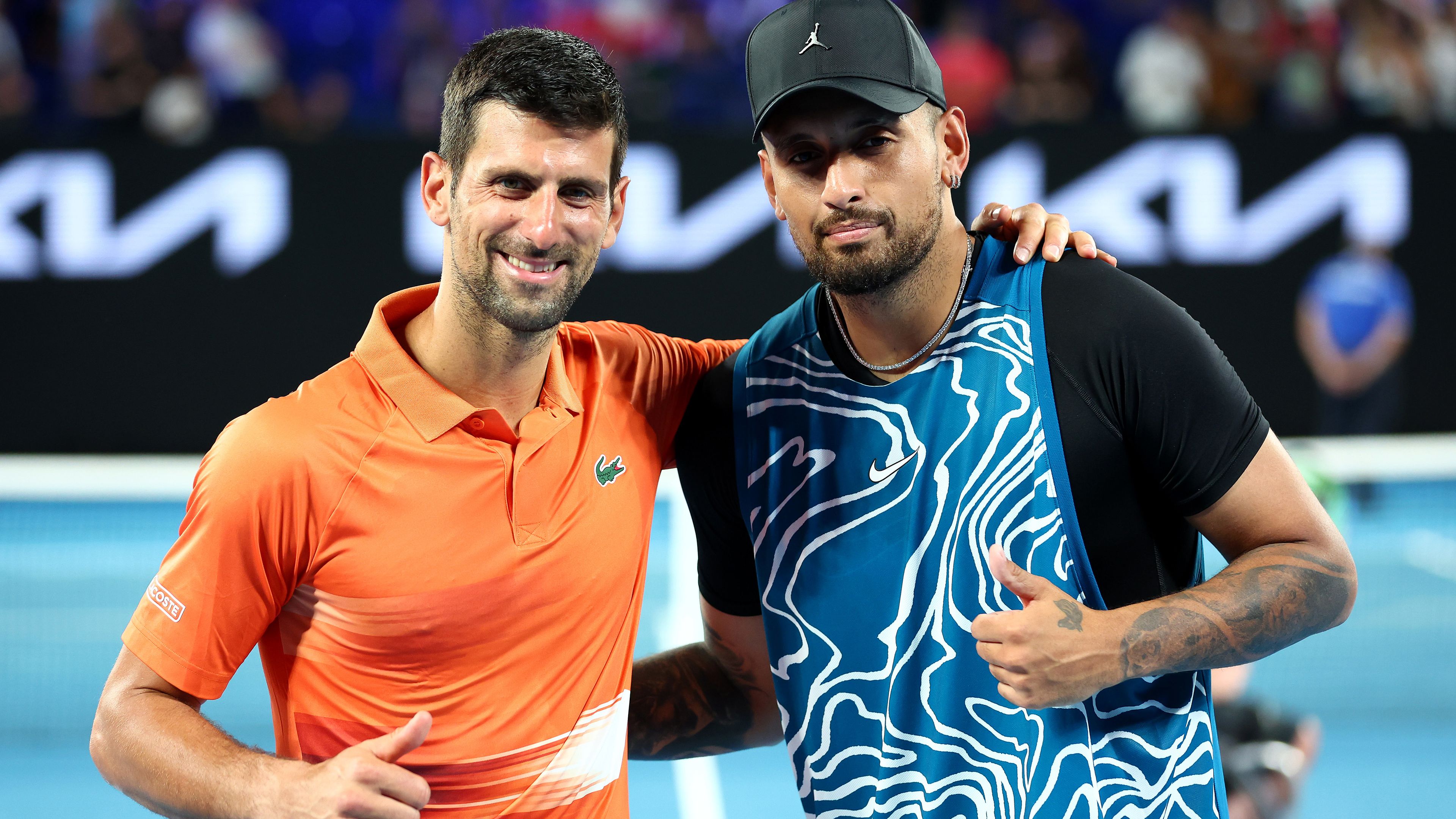 MELBOURNE, AUSTRALIA - JANUARY 13: Novak Djokovic of Serbia and Nick Kyrgios of Australia pose for a photo following their Arena Showdown charity match ahead of the 2023 Australian Open at Melbourne Park on January 13, 2023 in Melbourne, Australia. (Photo by Graham Denholm/Getty Images)