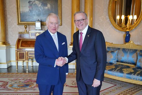 King Charles III hosts an Audience with the Australian Prime Minister Anthony Albanese at Buckingham Palace on May 2, 2023 in London 