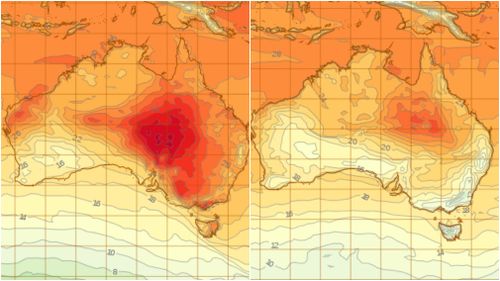 Cooling off: A comparison of the forecast heat across Australia today (left) and Wednesday (right). (BoM)