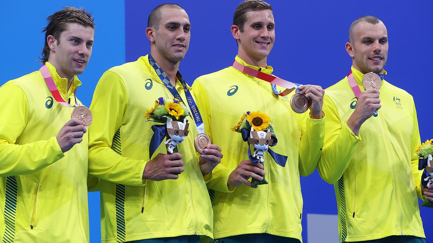 Matthew Temple, Zac Incerti, Alexander Graham and Kyle Chalmers of Team Australia pose with the bronze medal for the Men&#x27;s 4 x 100m Freestyle Relay Final on day three of the Tokyo 2020 Olympic Games at Tokyo Aquatics Centre on July 26, 2021 in Tokyo, Japan. (Photo by Clive Rose/Getty Images)